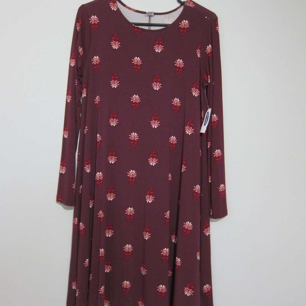 Old Navy Knit Swing Red Floral Dress S Burgundy Stretchy Long Sleeve New